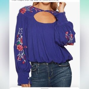 Free People Purple Long Sleeve Lita Floral Embroidered Crop Top Boho Size Med